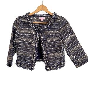 Lilly Pulitzer Hagen Metallic Navy Blue Tweed Cropped Blazer Jacket size 2